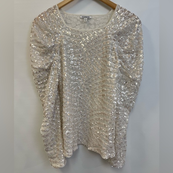 Express Top Women’s M Ivory Sequin Blouse Puff Sleeve Sheer Gold Square Neck - Picture 10 of 11